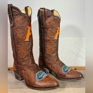 Brown Leather Heeled Boots with Embroidery